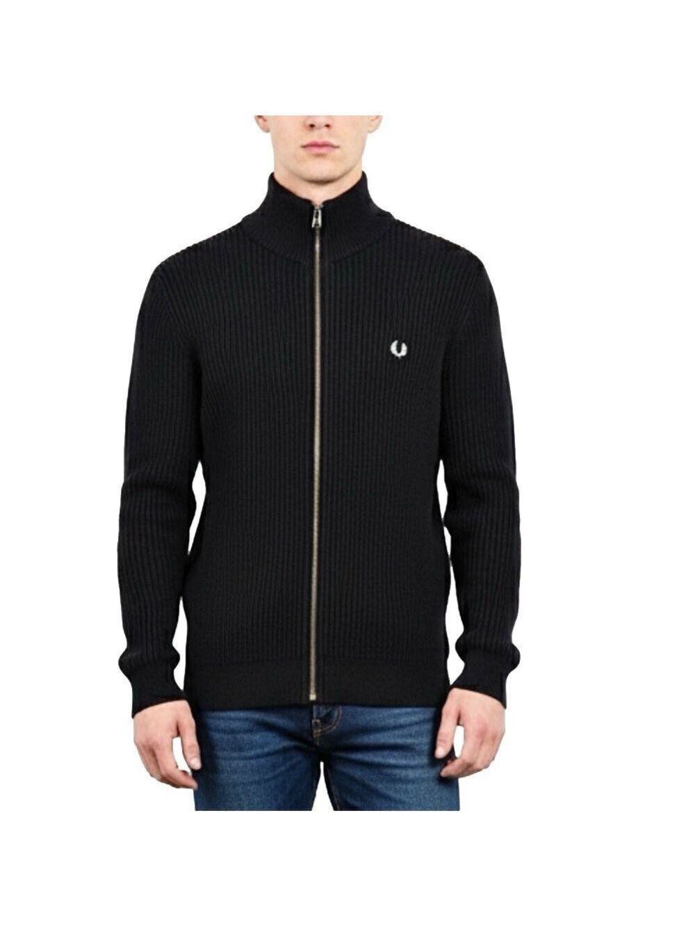 Fred Perry pure cotton black full zip ribbed knit mock neck cardigan sweaterM